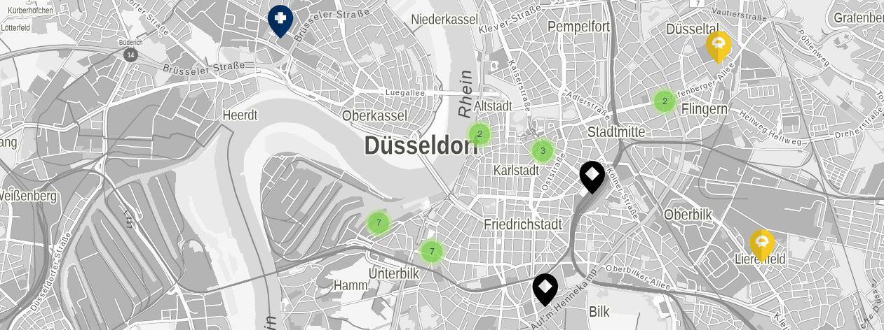 Karte von Nordrhein-Westfalen mit Angeboten für Gründende