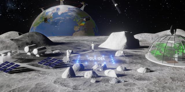 Settlement for humans on another planeten with view on the earth in the background.