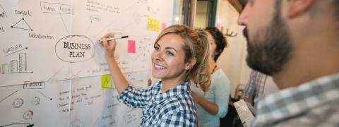 A woman standing in front of a flipchart working on a business plan